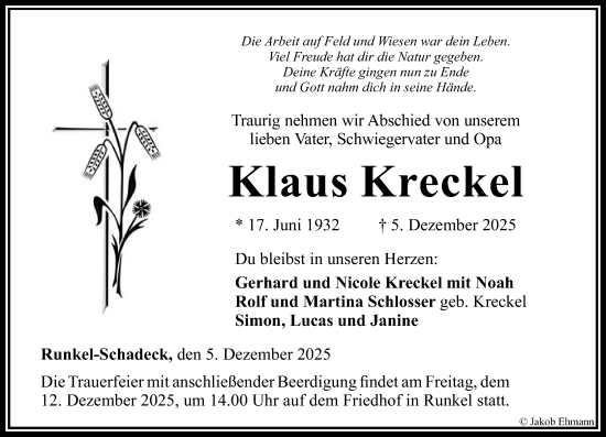 Traueranzeige von Klaus Kreckel von Weilburger Tageblatt