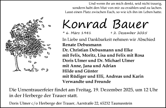 Traueranzeige von Konrad Bauer von Idsteiner Land/Untertaunus