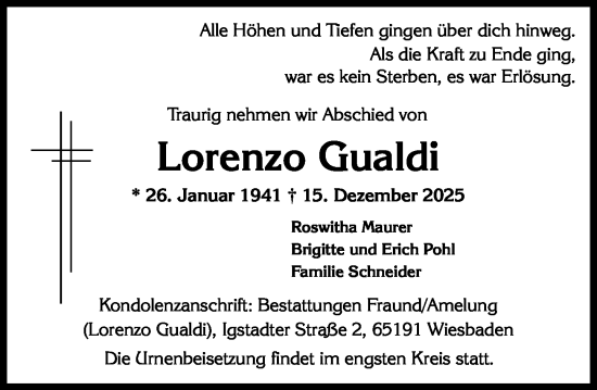 Traueranzeige von Lorenzo Gualdi von Wiesbadener Kurier