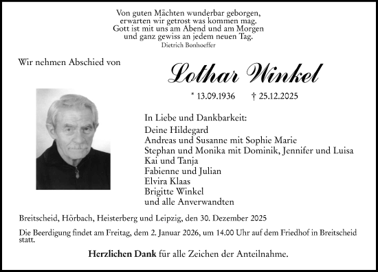 Traueranzeige von Lothar Winkel von Dill Block