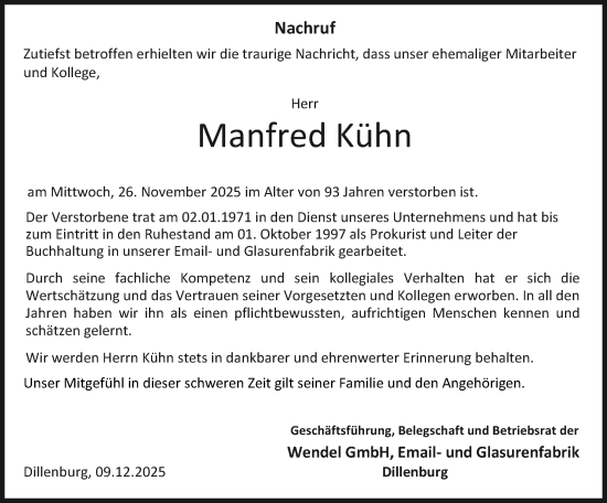 Traueranzeige von Manfred Kühn von Dill Block