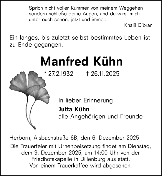 Traueranzeige von Manfred Kühn von Dill Block