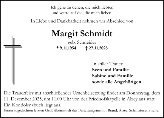 Traueranzeige von Margit Schmidt von Allgemeine Zeitung Alzey