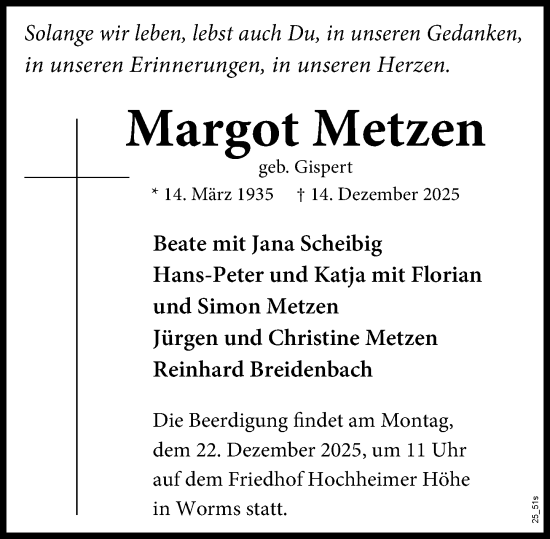 Traueranzeige von Margot Metzen von Wormser Zeitung