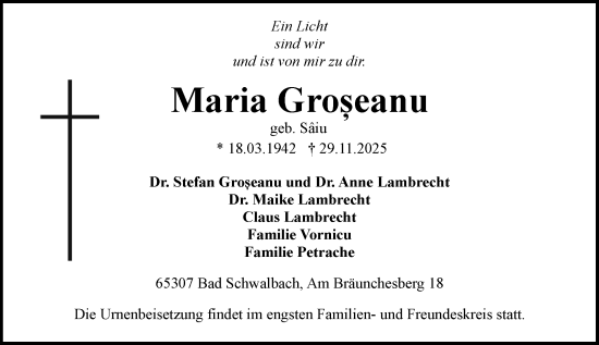 Traueranzeige von Maria Groșeanu von Wiesbadener Kurier
