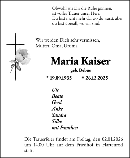 Traueranzeige von Maria Kaiser von Hinterländer Anzeiger