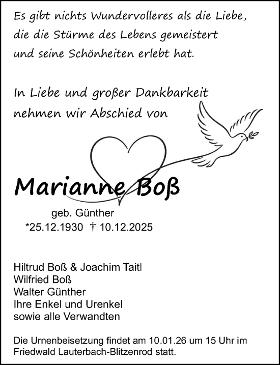 Traueranzeige von Marianne Boß von Wiesbadener Kurier