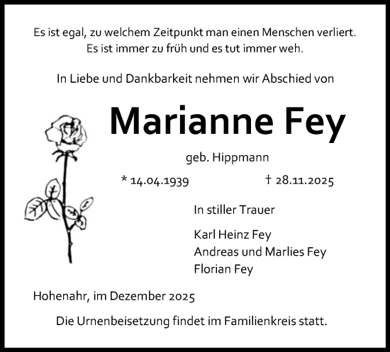 Traueranzeige von Marianne Fey von Wetzlarer Neue Zeitung