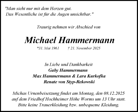 Traueranzeige von Michael Hammermann von Wormser Zeitung