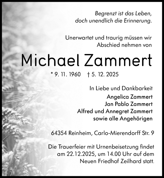 Traueranzeige von Michael Zammert von Darmstädter Echo