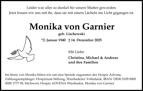 Traueranzeige von Monika von Garnier von Wiesbadener Kurier