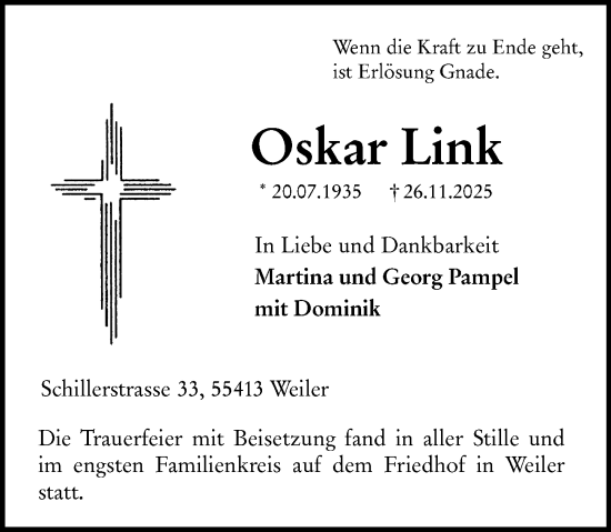 Traueranzeige von Oskar Link von Allgemeine Zeitung Rheinhessen-Nahe