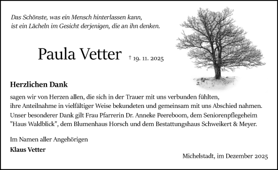 Traueranzeige von Paula Vetter von Odenwälder Echo