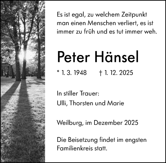 Traueranzeige von Peter Hänsel von Weilburger Tageblatt