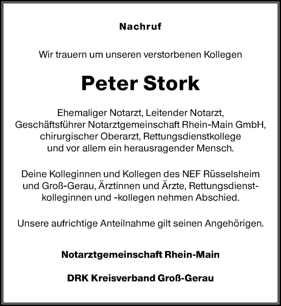 Traueranzeige von Peter Stork von Rüsselsheimer Echo