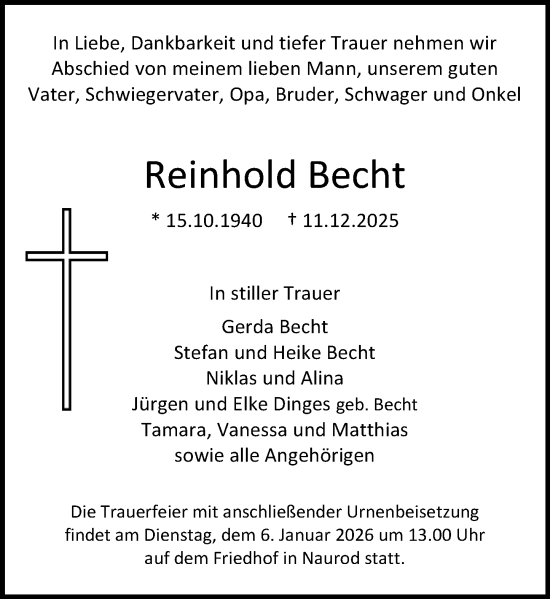 Traueranzeige von Reinhold Becht von Wiesbadener Kurier