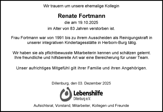 Traueranzeige von Renate Fortmann von Dill Block