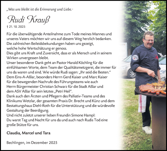 Traueranzeige von Rudi Krauß von Wetzlarer Neue Zeitung