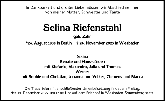 Traueranzeige von Selina Riefenstahl von Wiesbadener Kurier