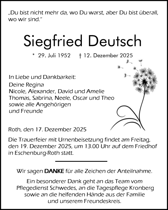 Traueranzeige von Siegfried Deutsch von Dill Block