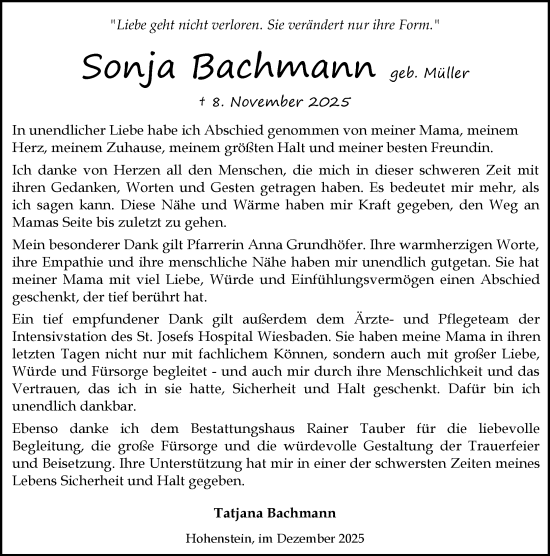Traueranzeige von Sonja Bachmann von Idsteiner Land/Untertaunus