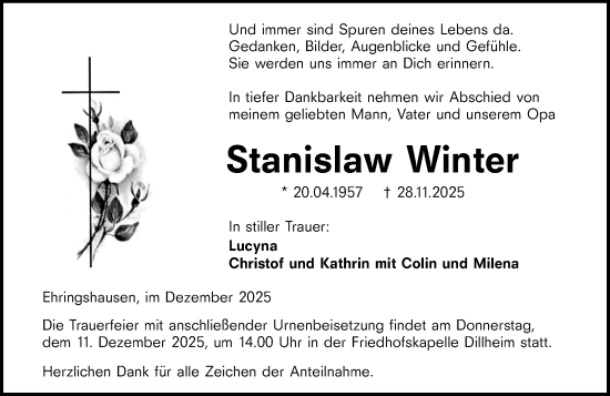 Traueranzeige von Stanislaw Winter von Wetzlarer Neue Zeitung
