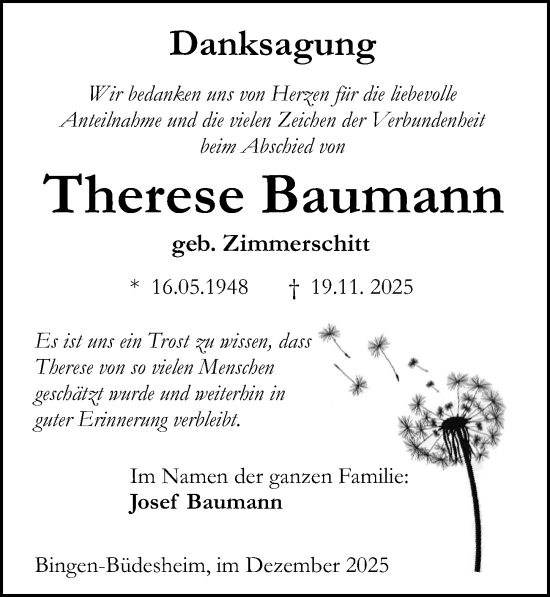 Traueranzeige von Therese Baumann von Allgemeine Zeitung Rheinhessen-Nahe