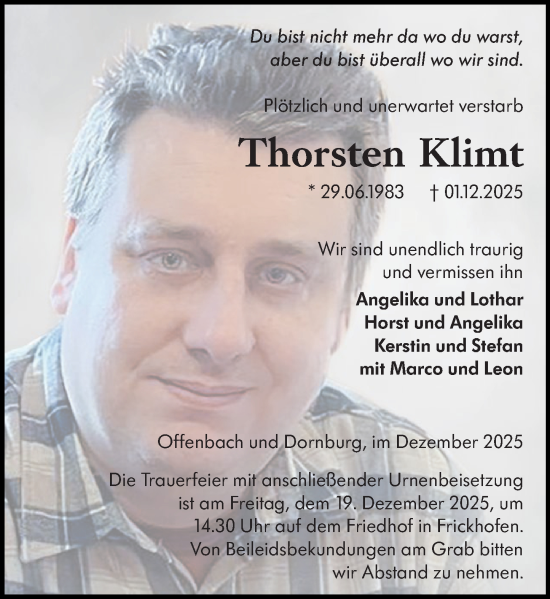 Traueranzeige von Thorsten Klimt von Nassauische Neue Presse