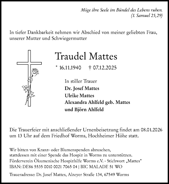 Traueranzeige von Traudel Mattes von Wormser Zeitung