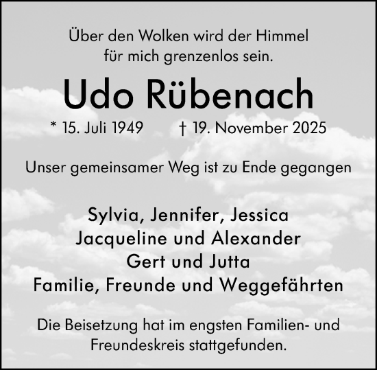 Traueranzeige von Udo Rübenach von Wiesbadener Kurier