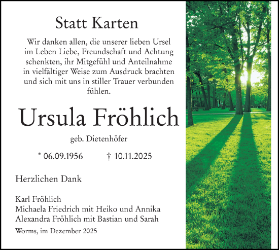 Traueranzeige von Ursula Fröhlich von Wormser Zeitung