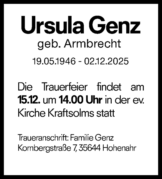 Traueranzeige von Ursula Genz von Wetzlarer Neue Zeitung