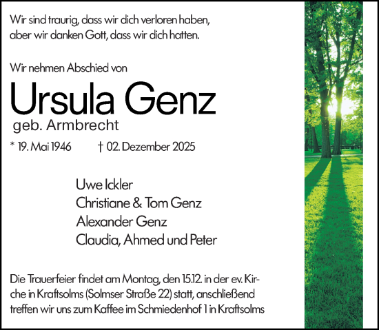 Traueranzeige von Ursula Genz von Wetzlarer Neue Zeitung