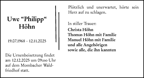 Traueranzeige von Uwe Höhn von Allgemeine Zeitung Mainz