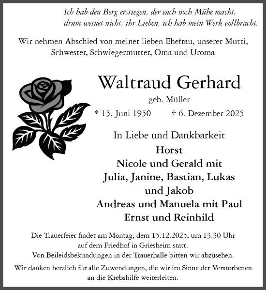 Traueranzeige von Waltraud Gerhard von Groß-Gerauer Echo