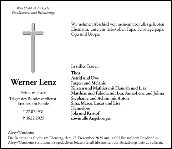 Traueranzeige von Werner Lenz von Allgemeine Zeitung Alzey