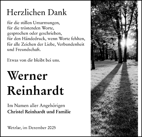 Traueranzeige von Werner Reinhardt von Wetzlarer Neue Zeitung