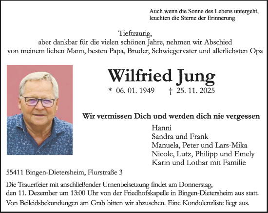 Traueranzeige von Wilfried Jung von Allgemeine Zeitung Rheinhessen-Nahe