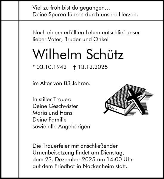 Traueranzeige von Wilhelm Schütz von Allgemeine Zeitung Mainz