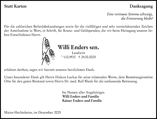 Traueranzeige von Willi Enders sen. von Allgemeine Zeitung Mainz