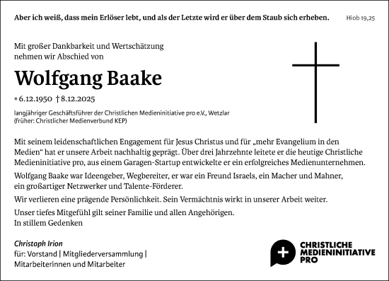 Traueranzeige von Wolfgang Baake von Wetzlarer Neue Zeitung