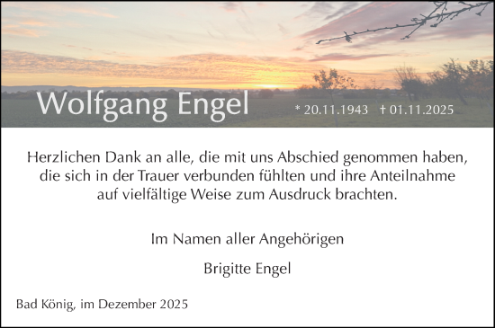 Traueranzeige von Wolfgang Engel von Odenwälder Echo