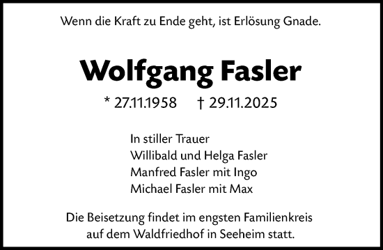 Traueranzeige von Wolfgang Fasler von Darmstädter Echo