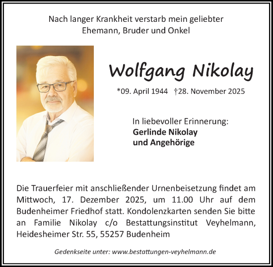 Traueranzeige von Wolfgang Nikolay von Allgemeine Zeitung Mainz