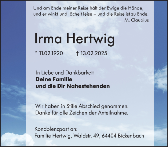 Traueranzeige von Irma Hertwig von Darmstädter Echo