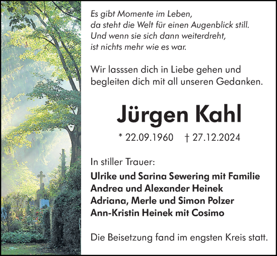 Traueranzeige von Jürgen Kahl von Hinterländer Anzeiger