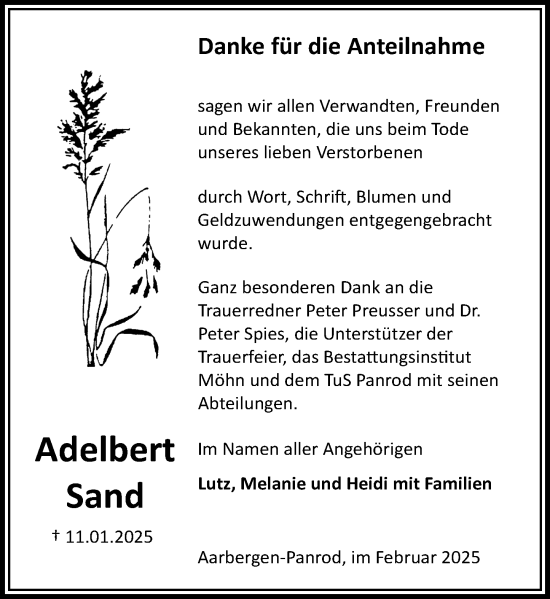 Traueranzeige von Adelbert Sand von Idsteiner Land/Untertaunus