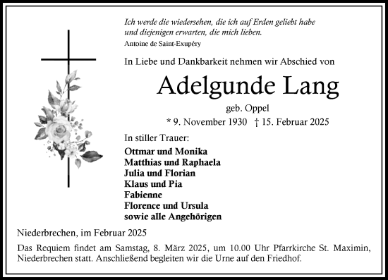 Traueranzeige von Adelgunde Lang von Camberger Anzeiger