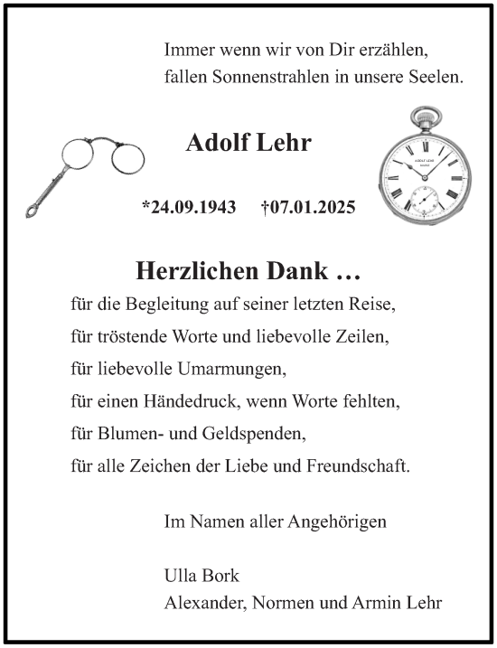 Traueranzeige von Adolf Lehr von Allgemeine Zeitung Mainz