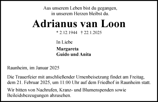 Traueranzeige von Adrianus van Loon von Rüsselsheimer Echo